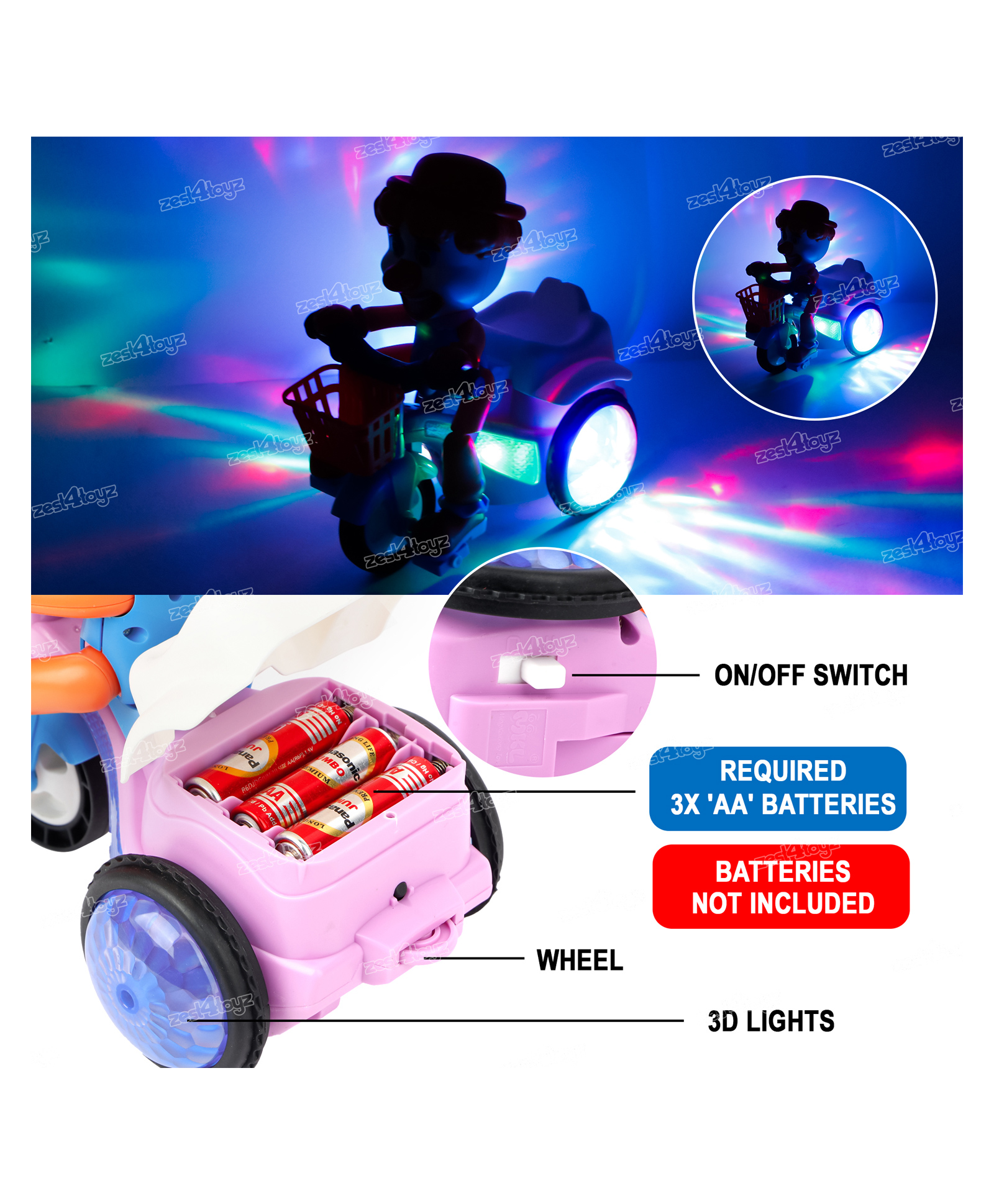 Stunt Tricycle Joker Bump and Go Toy with 4D Lights Dancing Toy 