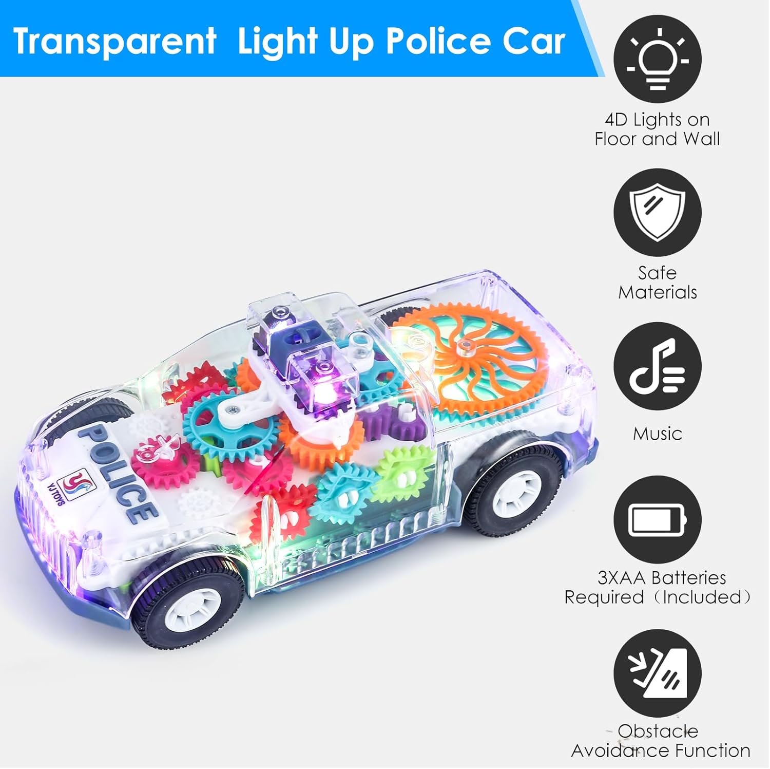Transparent Police Car, Gear Toy with Light & Music, 