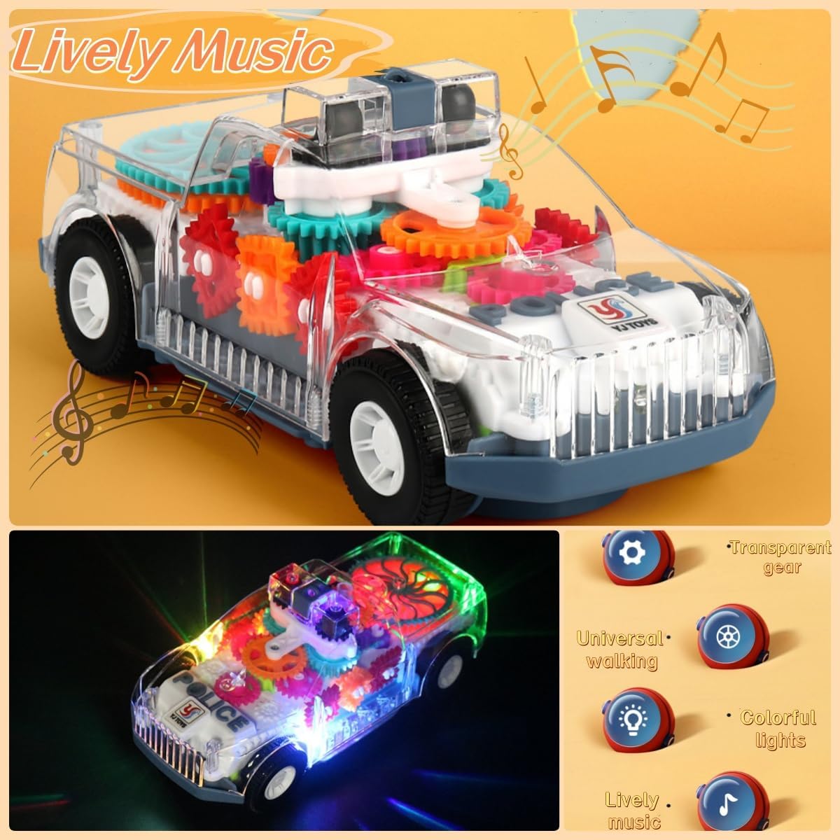 Transparent Police Car, Gear Toy with Light & Music, 