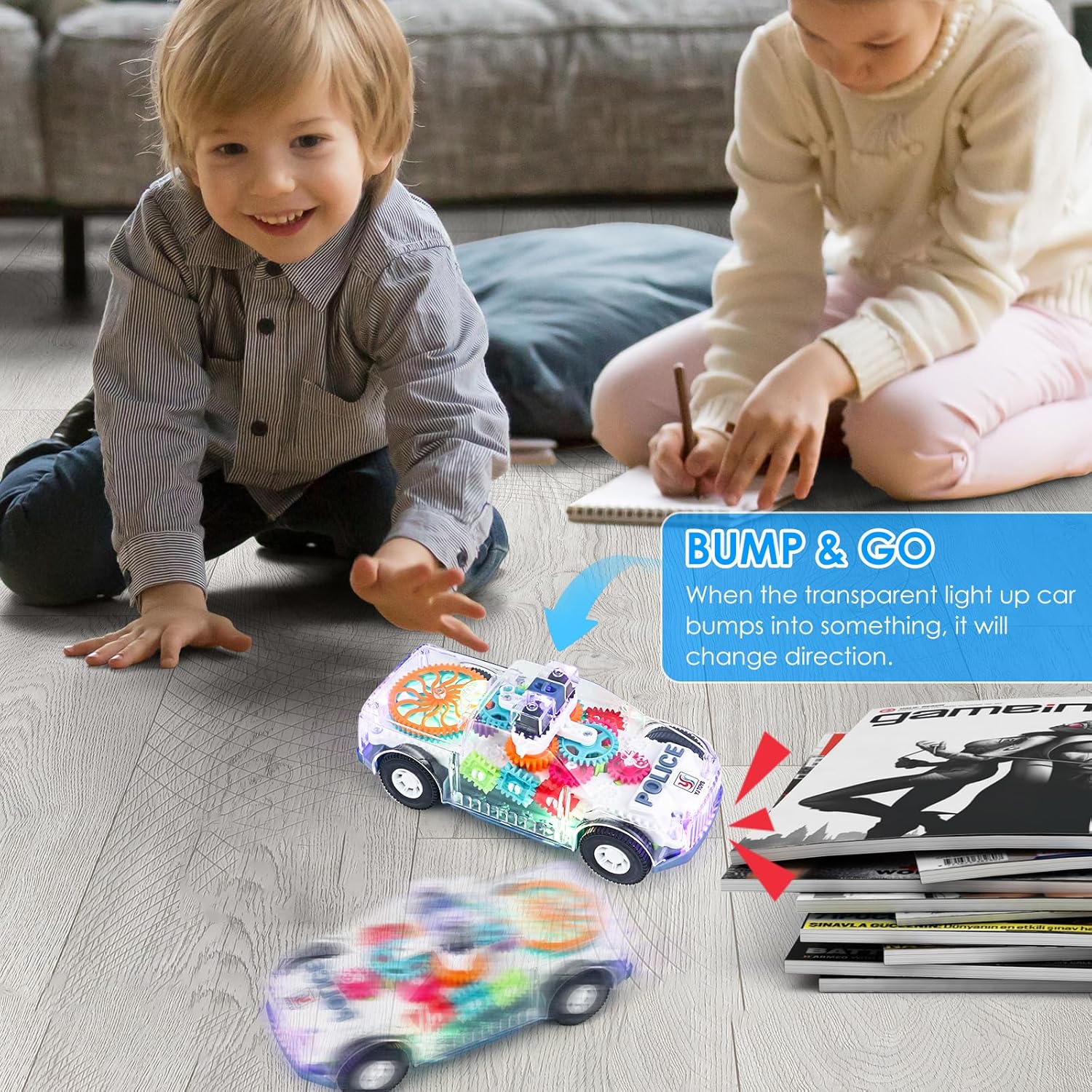 Transparent Police Car, Gear Toy with Light & Music, 